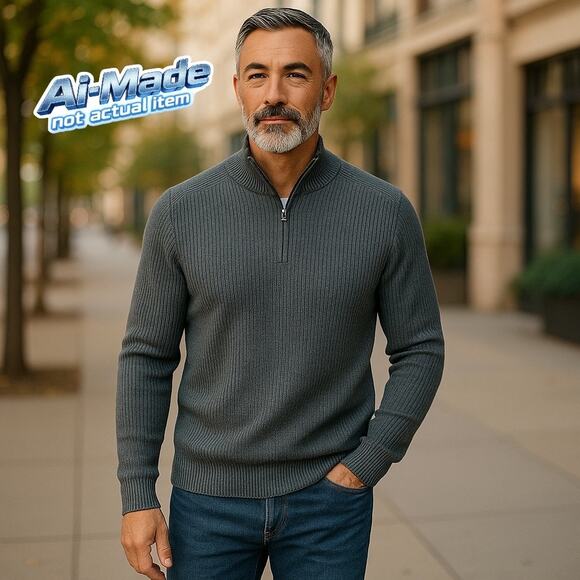 Pact Men’s Organic Cotton Pullover Gray Mock Neck 1/4 Zip Sweater Chunky NWT M L - Picture 1 of 10
